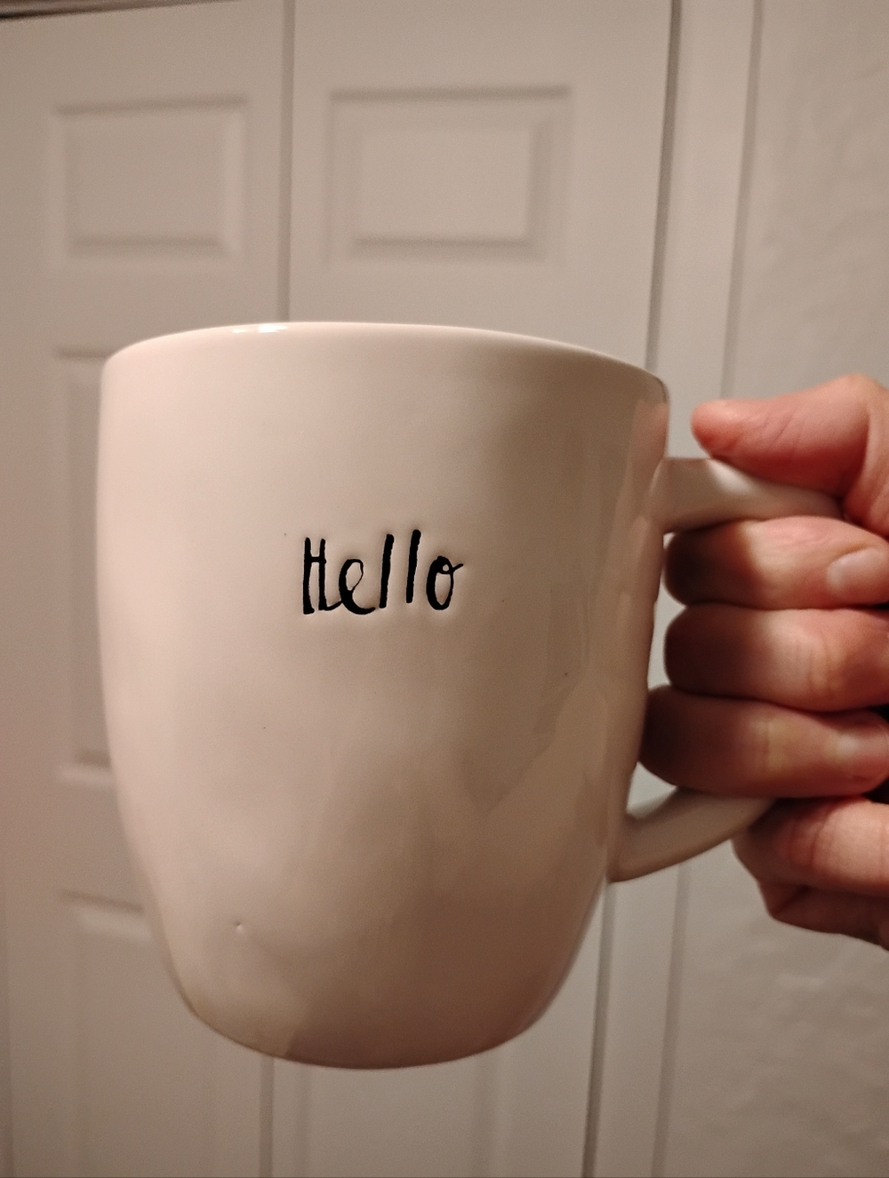 Rae Dunn Artisan Collection "Hello" White Cream Mug with Teal Interior